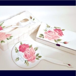 Vintage Pink 3 piece Vanity Set Handpainted Roses